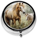 Pill Case with Mirror Retro 3 Compartment Pill Box Animals Embroidery Paintings Horses Small Pill Organizer for Purse or Pocket Decorative Metal Medicine Vitamin Organizer Unique Gifts