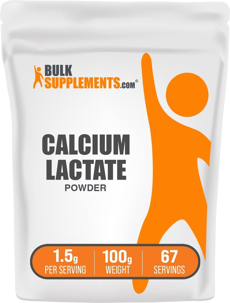 BulkSupplements.com Calcium Lactate Powder - Calcium Supplement Powder, Food Grade - Pure & Gluten Free, 1,5 g per Serving, 100g (3,5 oz) (pakning med 1)