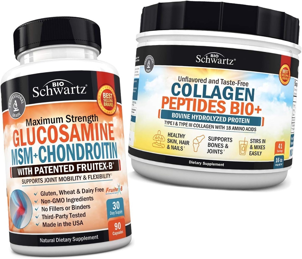 BioSchwartz Glucosamin Chondroitin MSM + Collagen Peptider Powder - Sund Bone & fælles støtte - fremmer fleksibilitet & støtter Cartiage