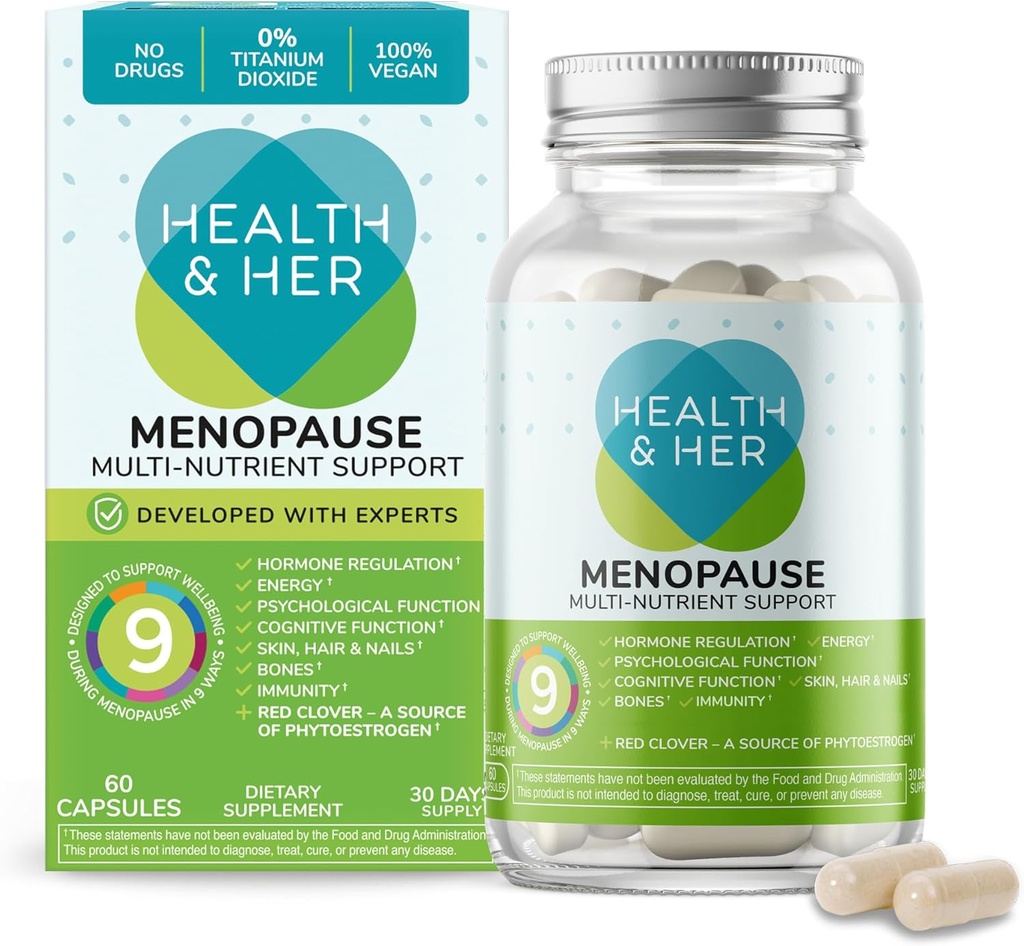 Sundhed & Hendes menopause Kosttilskud til kvinder - Multi- Nutrient Support, Menopause Vitaminer for energi, Bones, Muskler, Hud & Hår, Vegan, Gluten- Free, Non GMO (60ct - 1 Måned)