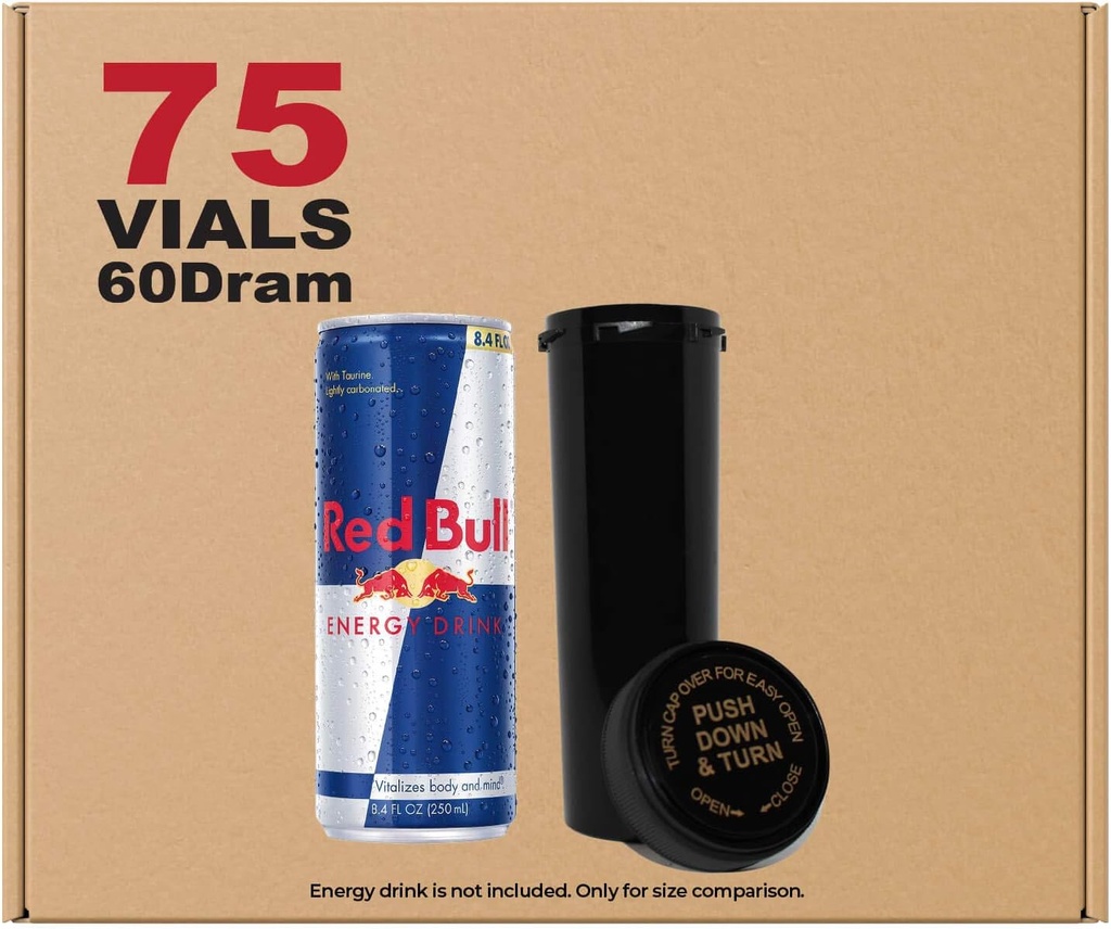 W Gallery 75 Black 60 Dram Reversible Cap - lufttæt lugt bevis hætteglas - Plastic Medical Grade receptpligtige flasker til piller urter blomster kosttilskud, Bulk Pack, ikke glas krukker