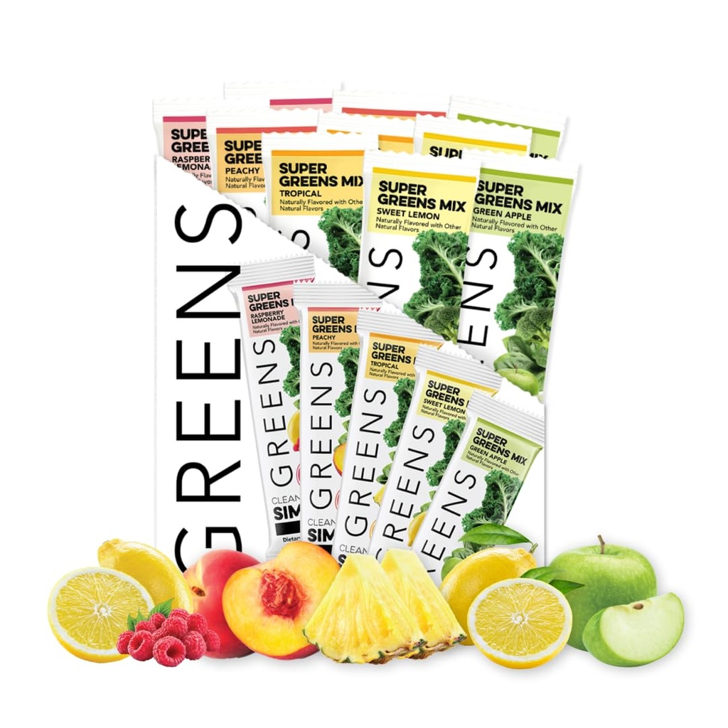 Clean Simple Eats Green Variety 10 Pack, Green Powder Mix, Pakket med Superfoods Chlorella & Spirulina, Inkluderer 5 lækre smagsstoffer: Peachy, Green Apple, Raspberry Lemonade, Sweet Lemon & Tropical