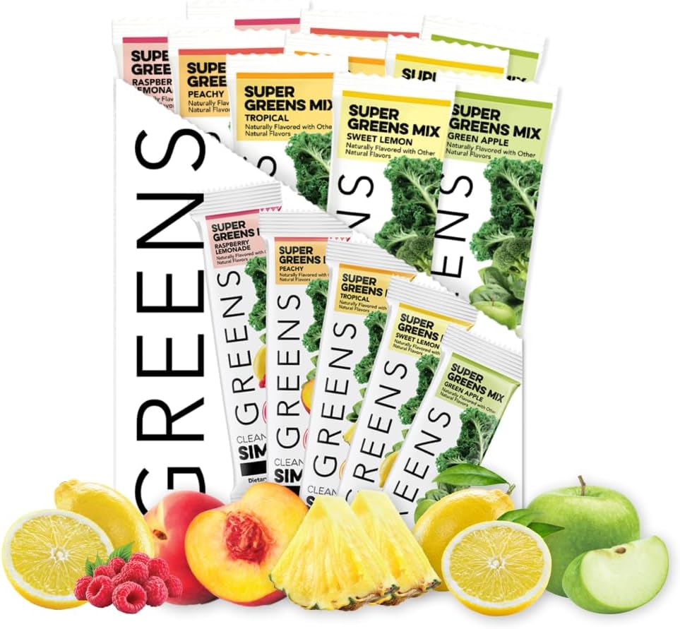 Clean Simple Eats Green Variety 10 Pack, Green Powder Mix, Pakket med Superfoods Chlorella & Spirulina, Inkluderer 5 lækre smagsstoffer: Peachy, Green Apple, Raspberry Lemonade, Sweet Lemon & Tropical