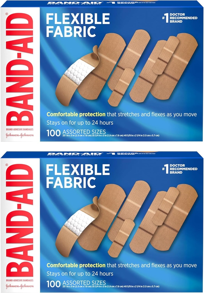 BAND- Aid Brand Fleksible Fabric Adhesive Bandages med memory-Weave Fabric, Quilt- Aid Comfort Pad & Hurt- Free Pad; Sårpleje for mindre stykker, skraber, & Sår, Assorterede størrelser, 2 x 100 Greve