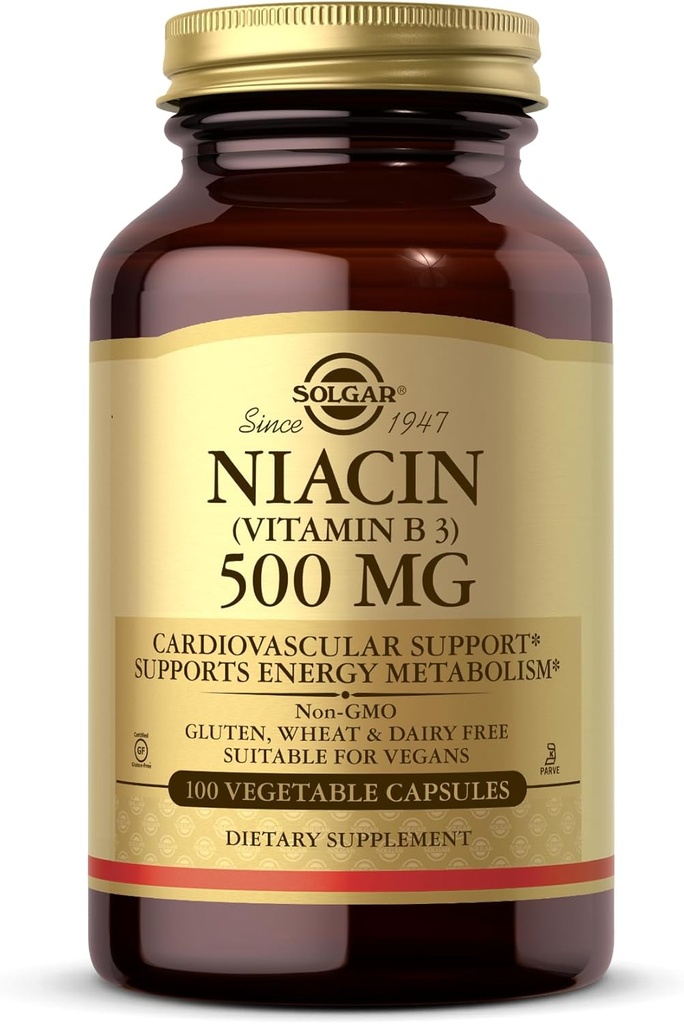 Solgar Niacin (vitamin B3) 500 mg, 100 Vegetabilske kapsler - Energi Metabolisme - Non-GMO, Vegan, Gluten Free, Dairy Free, Kosher - 100 Servere