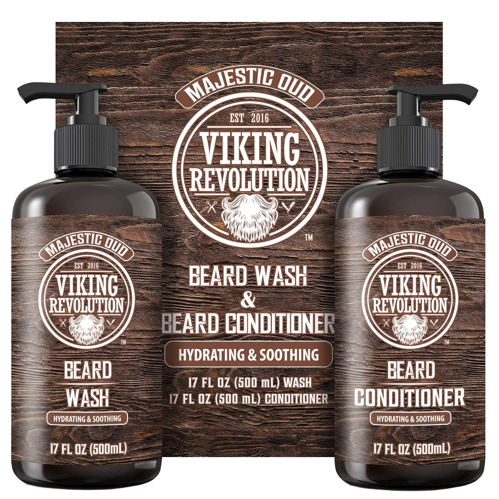 Viking Revolution Beard Wash og Beard Conditioner for mænd med Argan Oil og Jojoba Oil - Beard Softener og Stronthener Beard Care Beard Shampoo og Conditioner med Beard Oil (17oz, Majestic Oud)