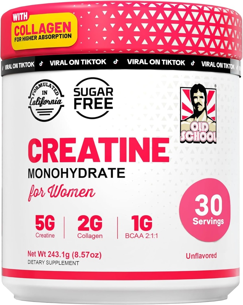 Old School Labs Creatin for Women - Post- Workout Supplement med 5000mg Creatinine Monohydrat Powder, 2000mg Collagen & BCAA 2: 1: 1 for Strength Support & Recovery - Unflavored - 8.57 Ounce (Pack of 1)