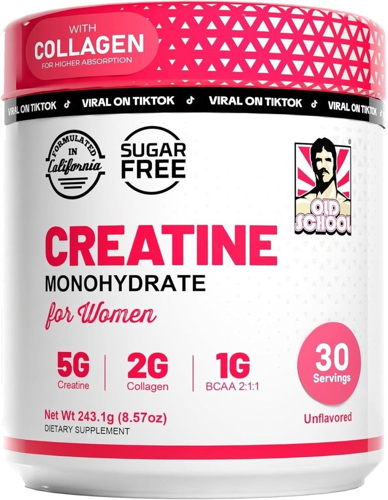 Old School Labs Creatin for Women Post- Workout Supplement - 5000mg Creatin, 2000mg Hydrolyzed Bovine Collagen & BCAA 2: 1: 1 for Lean Muscle Growth, Hurtig Inddrivelse & Stamina - 30 Serveringer