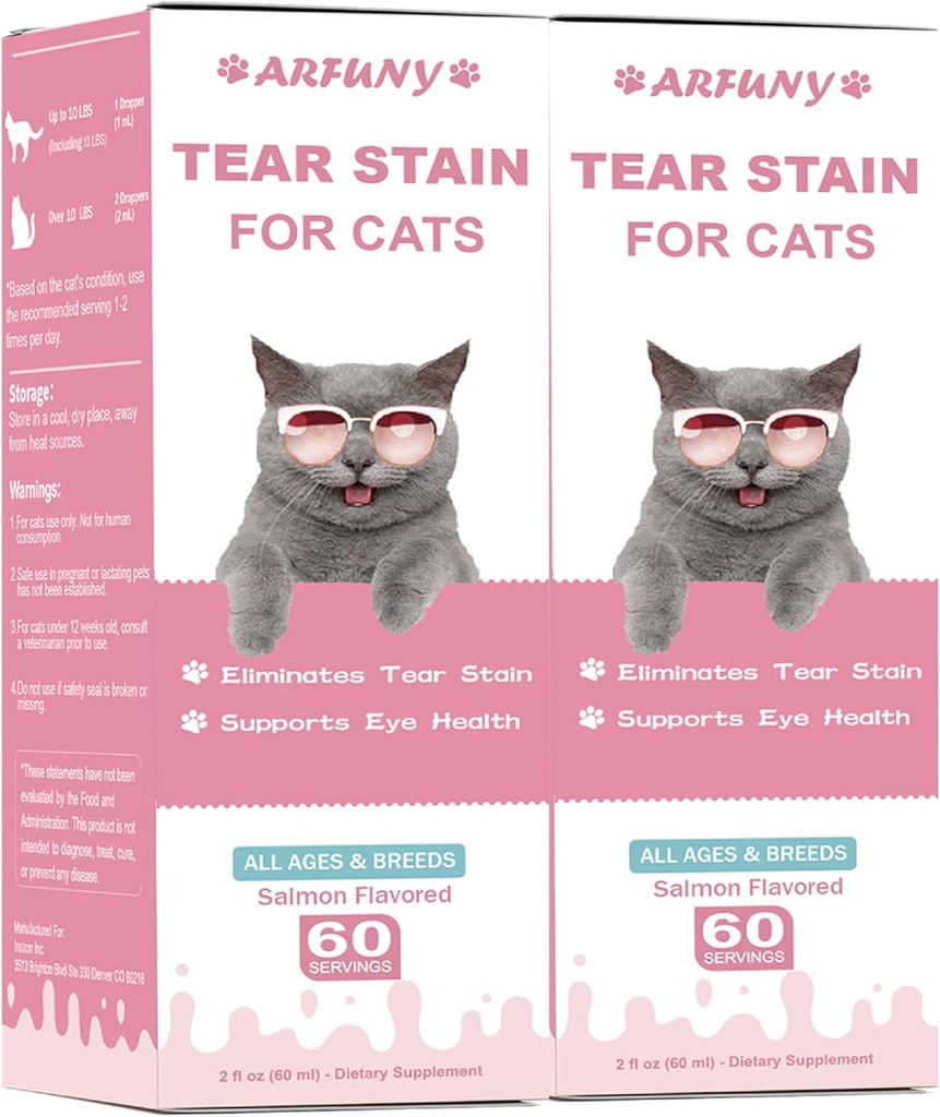 2 Pakker Tear Stain Supplement for Kat - Forhindre og eliminere Katte Tårer - 60ML Cat Tear Stain Remover Drops for Eye Health, Immunsystem - med Cranberry, Marshmallow & Vitaminer - Salmon