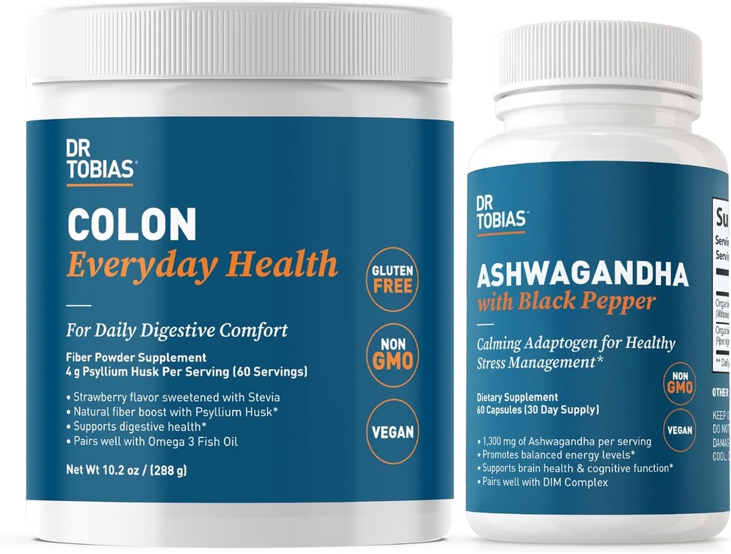 Dr. Tobias Colon Everyday Health and Ashwagandha Capsules, fordøjelsesbesvær og residens Bundle, understøtter balanceret energi & Gut Health, Vegan, Non- GMO