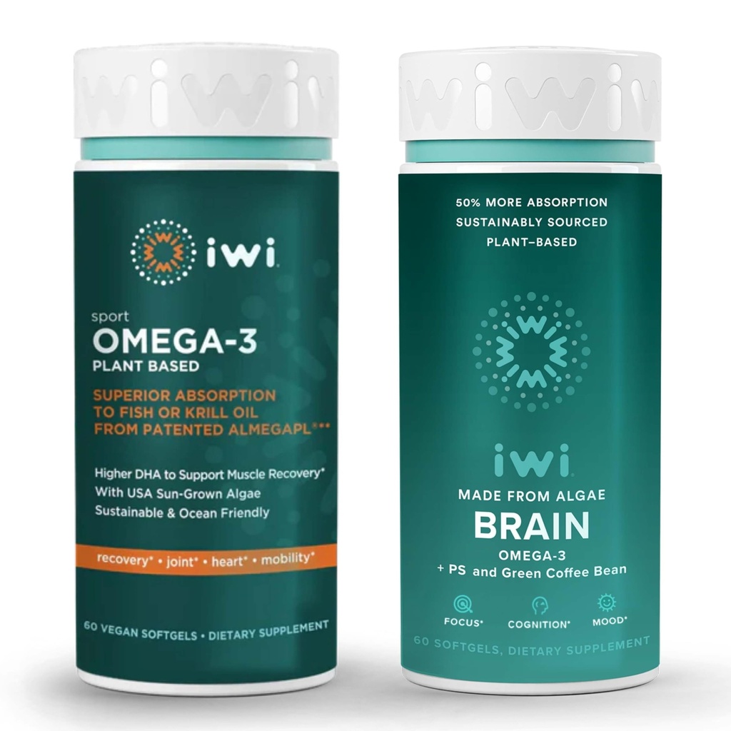 iwi Omega-3 Sport & Brain Omega-3 Bundle, 30 Servering, Vegan Plant-baseret Alger Omega 3 med EPA + DHA, Krill & Fish Oil Alternative, Ingen Fishy Eftersmag
