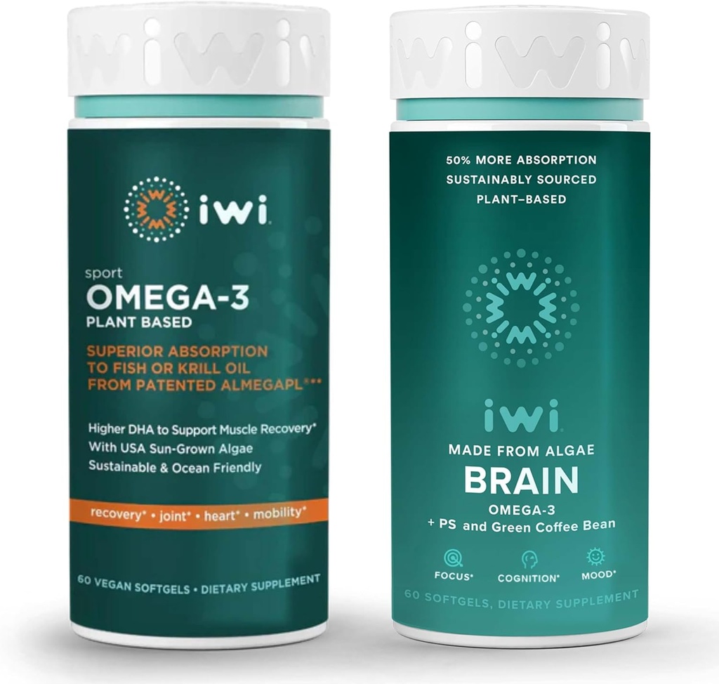 iwi Omega-3 Sport & Brain Omega-3 Bundle, 30 Servings, Vegan Plant-Based Algae Omega 3 with EPA + DHA, Krill & Fish Oil Alternative, No Fishy Aftertaste