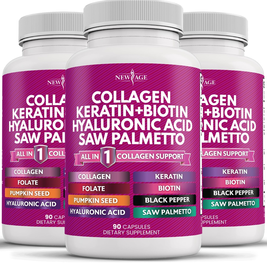 NY ALDER Kollagen piller Biotin Keratin Saw Palmetto Hyaluronsyre - Vitamin E Folinsyre Pumpkin Seed MSM- 270 Tæl