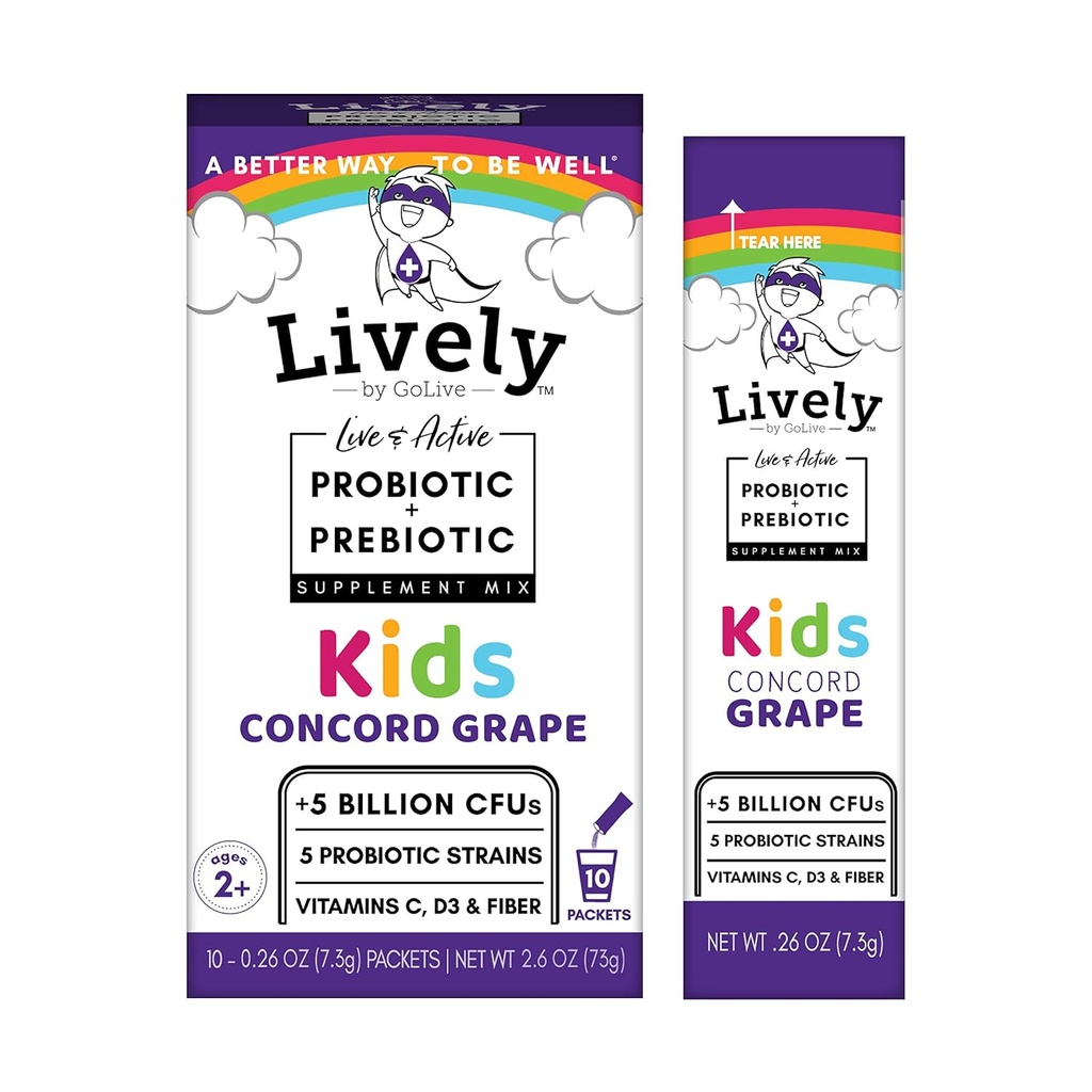 Livlig (af GoLive) KIDS CONCORD GRAPE Synbiotic (Probiotika + Prebiotika); 5 Kliniske Strops; + 5 Millioner CFU 'er. Probiotika & Prebiotika KIDS for fordøjelse, Metabolisme, Immunitet. (10 pakker)