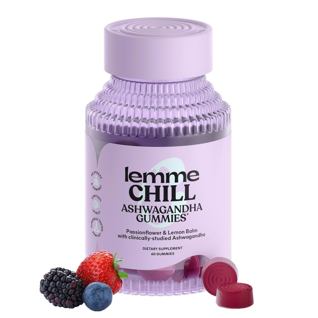 Lemme Chill Stress Relief Gummies med 300mg KSM- 66 Ashwagandha, Lemon Balm, Passionflower & Goji til støtte afslapning, sund cortisol & søvn - Gluten- fri, ikke-GMO, blandet berry (60 Greve)