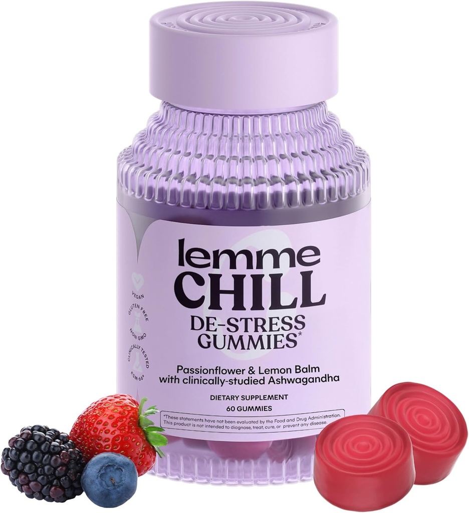 Lemme Chill Stress Relief Gummies med 300mg KSM- 66 Ashwagandha, Lemon Balm, Passionflower & Goji til støtte afslapning, sund cortisol & søvn - Gluten- fri, ikke-GMO, blandet berry (60 Greve)
