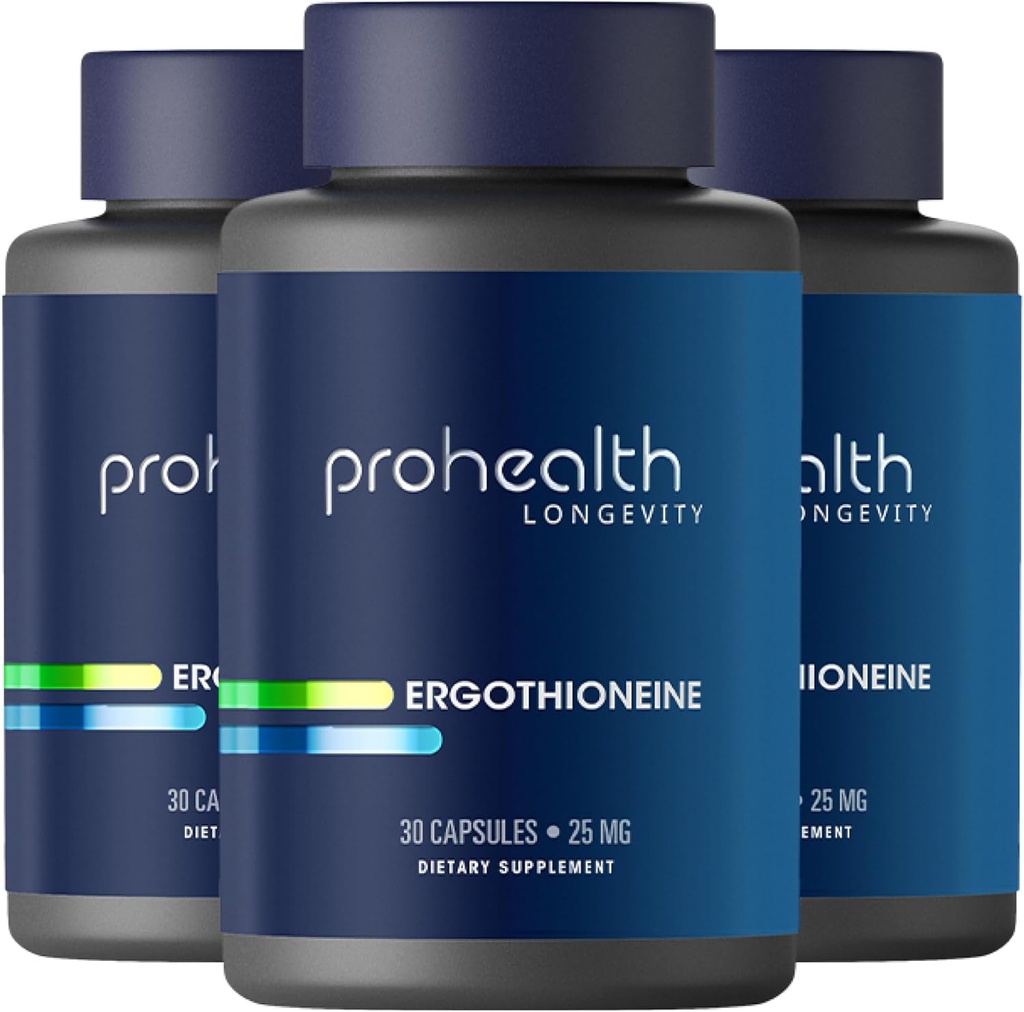 ProHealth Ergothioneine 5X Strength. 25mg Clinical Research Dosis. Natural Amino Acid Mushroom supplement til forbedret kognition, hjerte sundhed. Længdegrad Vitamin. 25 mg / Servering, 30 Servering (3 Pack)