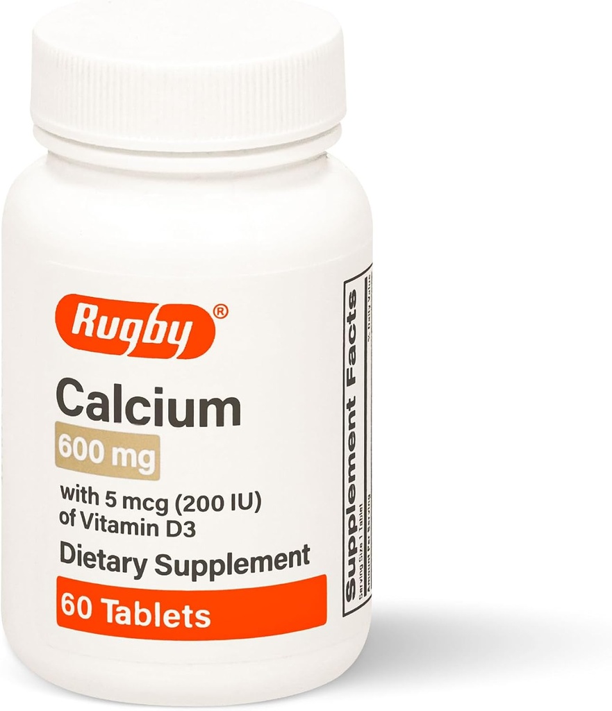 Rugby Calcium 600 mg tabletter med vitamin D3 200IE (5 mcg) - Gluten- Free Daily Vitamin D Kosttilskud for ben Sundhed og kalciumabsorption, 60 greve (1 pakke)