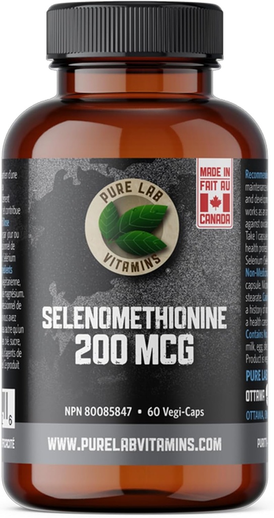 Selenium 200mcg Supplement - Selenomethionin - 60 v- caps af Pure Lab Vitaminer - Gluten Free Made i Canada.