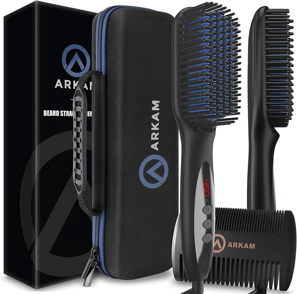 Arkam Beard Straightener for mænd -Premium Opvarmet Beard Brush Kit w / Anti- Scald Feature, Dual Action Hår Comb and Hard Shell Travel Case for Medium to Long Beards - Kost- og grooming gaver til mænd