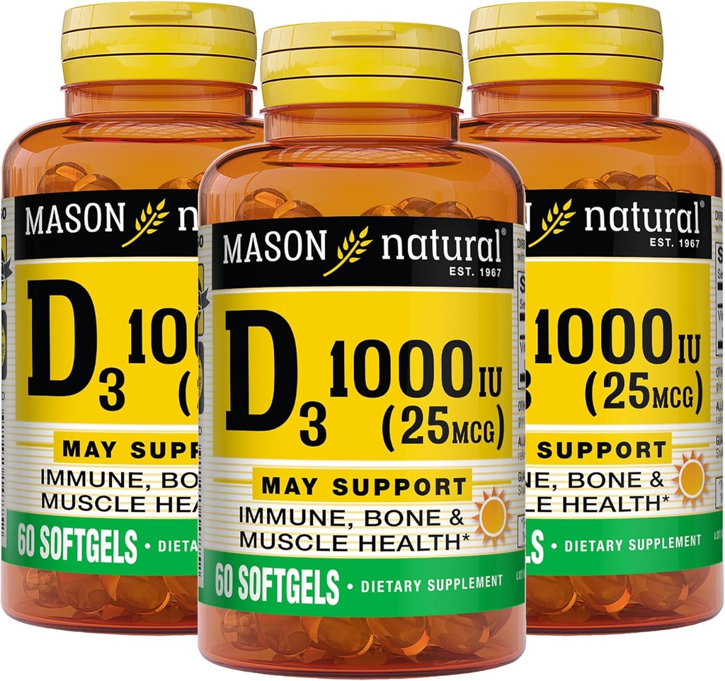 MASON NATURAL Vitamin D3 25 mcg (1000 IE), Bone & immunforsvar, fra Fish Lever Oil, 60 Softgels (pakke med 3)