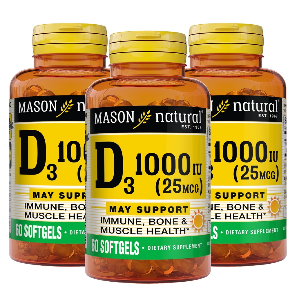 MASON NATURAL Vitamin D3 25 mcg (1000 IE), Bone & immunforsvar, fra Fish Lever Oil, 60 Softgels (pakke med 3)