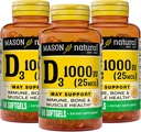 MASON NATURAL Vitamin D3 25 mcg (1000 IE), Bone & immunforsvar, fra Fish Lever Oil, 60 Softgels (pakke med 3)
