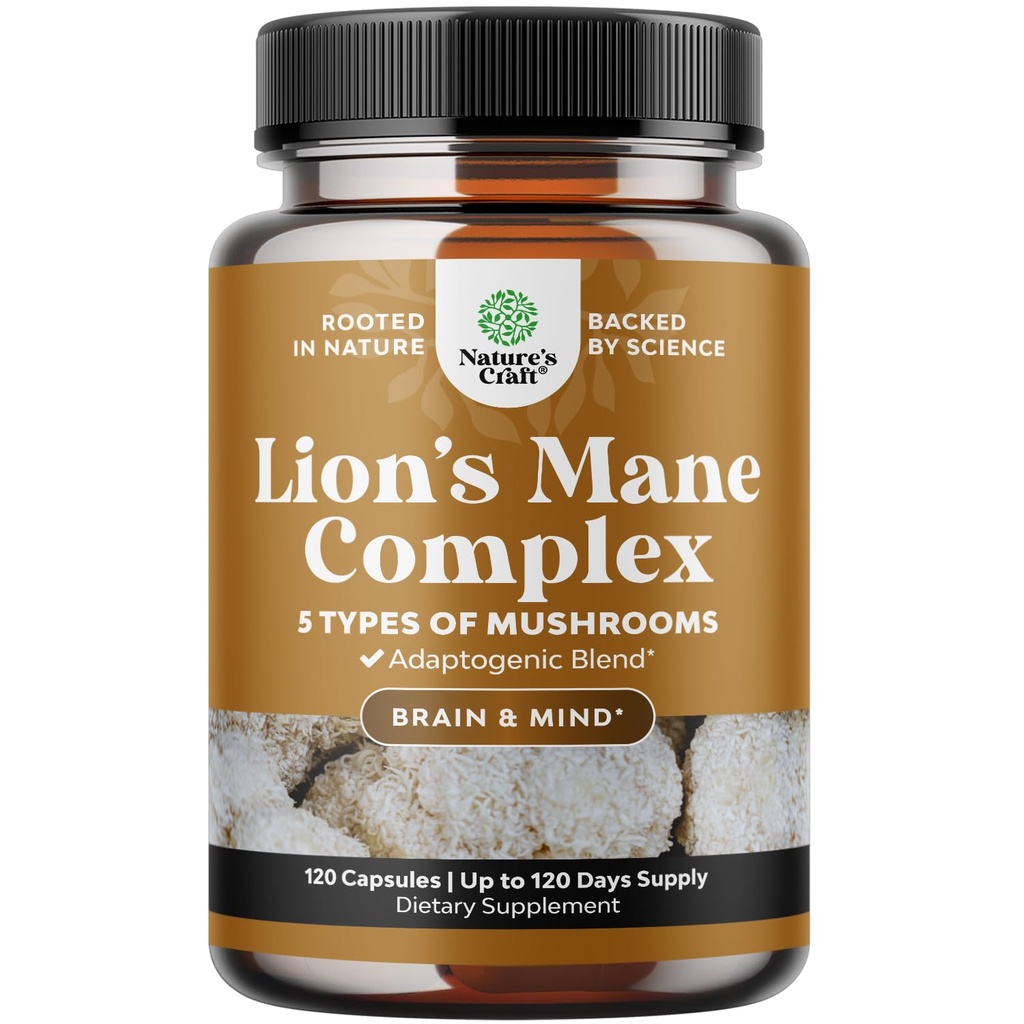 Advanced Lion 's Mane Mushroom Supplement - Lions Mane Supplement Kapsler med Reishi, Chaga, Maitake & Shiitake for Brain Health Memory Support & Focus - Nootrop for Mental Klarhed - 120 Caps