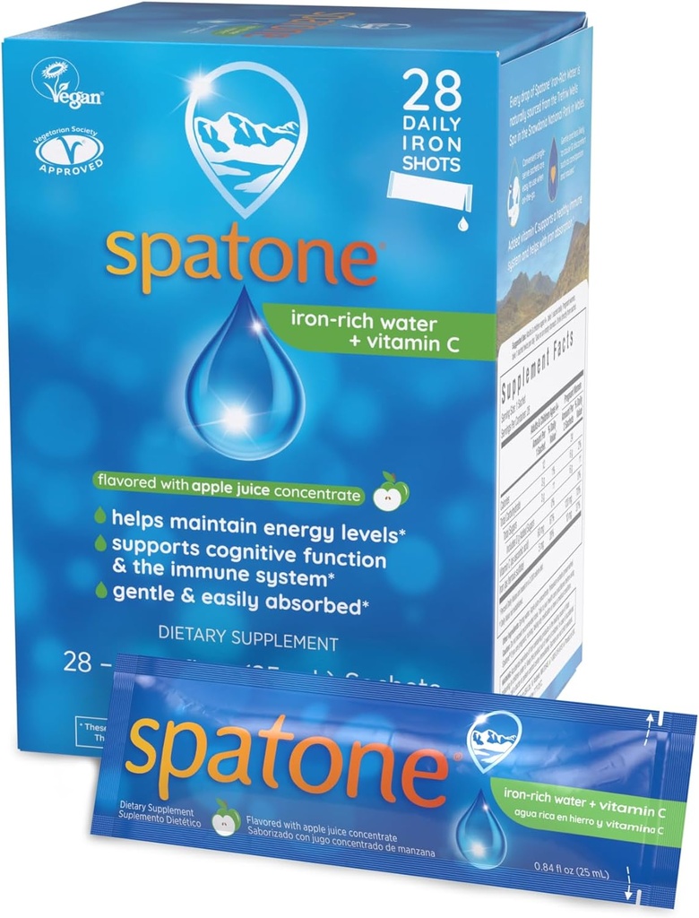 Spatone Natural Liquid Iron Supplement Plus VIT C for kvinder - Mænd og børn i alderen 4 + - Ideel under graviditet - Nemt Absorberet & Gentle - Vegan - Apple Flavor - 28-dag - 5mg jern Per 20ml Sachet