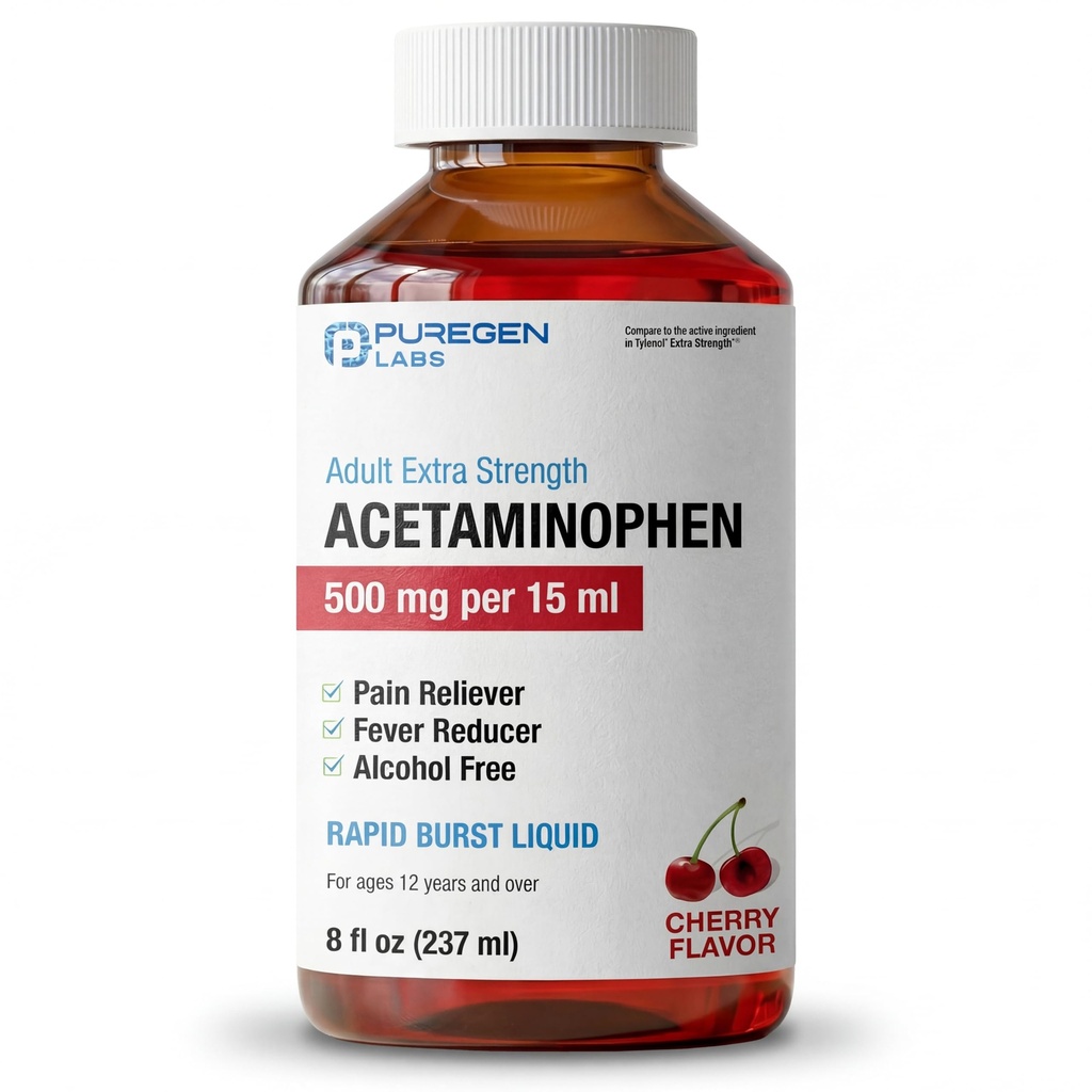 Puregen Labs Voksen Ekstra Styrke Acetaminophen Væske 500mg / 15ml - 8 fl oz Rapid Burst Pain Reliever / Fever Reducer, Cherry Flavor 124; Muskel & fælles smerte Relief 124; Gigt Smerte Relief