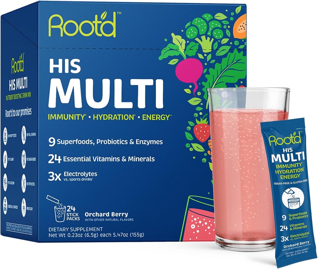 Root 'd Multivitamin Powder med 3X Electrolytes til mænd - 24 Vitamin & Min, 3X Electrolytes, 9 Organic Superfoods, Probiotika & Enzymes, Sugar- Free Multivitamin & Hydration Medic124; 24 Pakker