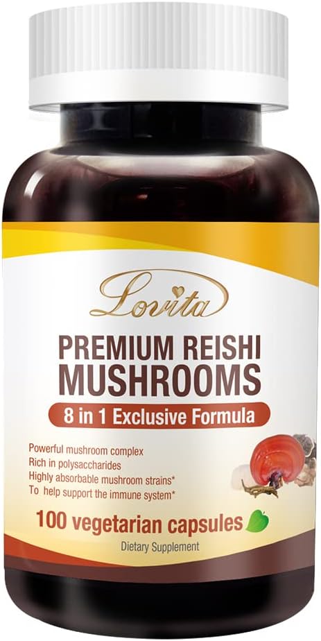 Lovita Mushroom Supplement, 8 i 1 Mushroom Complex, Lions Mane, Cordyceps CS-4, Reishi Spores, Tyrkiet Tail, Maitake, for Natural Energy, Memory Support & Immunsupport. 100 Veganske kapsler