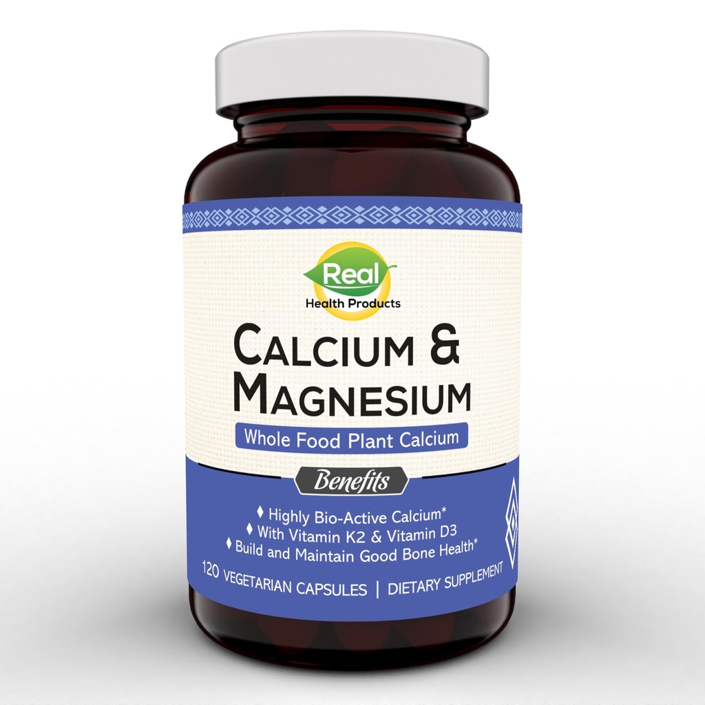 Plant Calcium & Magnesium tillæg med bor, D3- vitamin & K2 MK- 7 - Optimal Calcium- Magnesium- forhold for ben Styrke og sundhed, Vegan, Non- GMO, Allergen- Free, 120 Kapsler