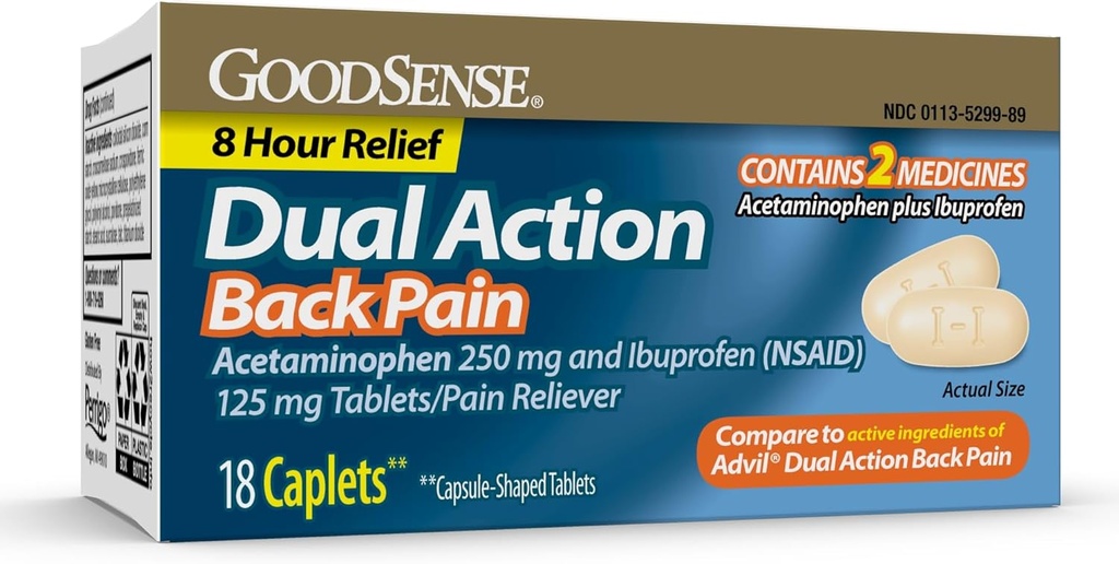 GoodSense Dual Action Acetaminophen og Ibuprofen (NSAID) tabletter, 250 mg / 125 mg, Rygsmerter, 18 greve