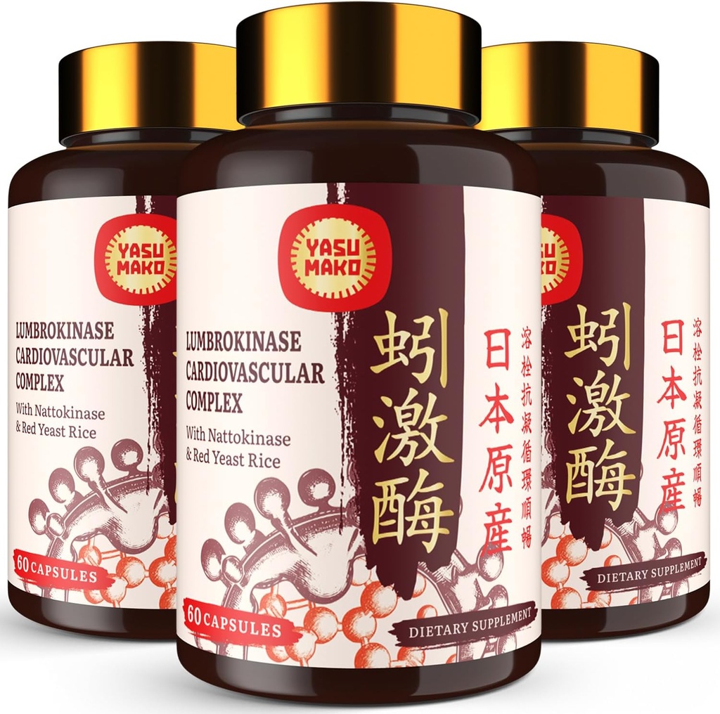 Lumbrokinase 100mg (Max Aktivitet 1. 000.000 LKU), Nattokinase 100mg- 2. 000 FU Aktivitet og Rød Gær Rice 300mg, Lumbrokinase Enzymes Supplement for Circulatory, Cognition, 180 Kapsler (pakning med 3)