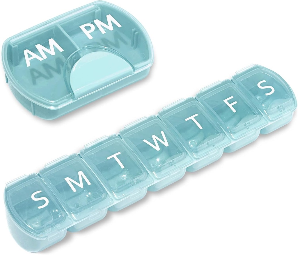 2 Pack (Weekly & Daily), 2 gange om dagen (AM / PM) + 7-Day Pill Organizer, Vitamin Planner, Stor kapacitet Pill Box sæt, Rejsepille sag for Medicin / Vitamin / Fiskeolier / Kosttilskud, Blå