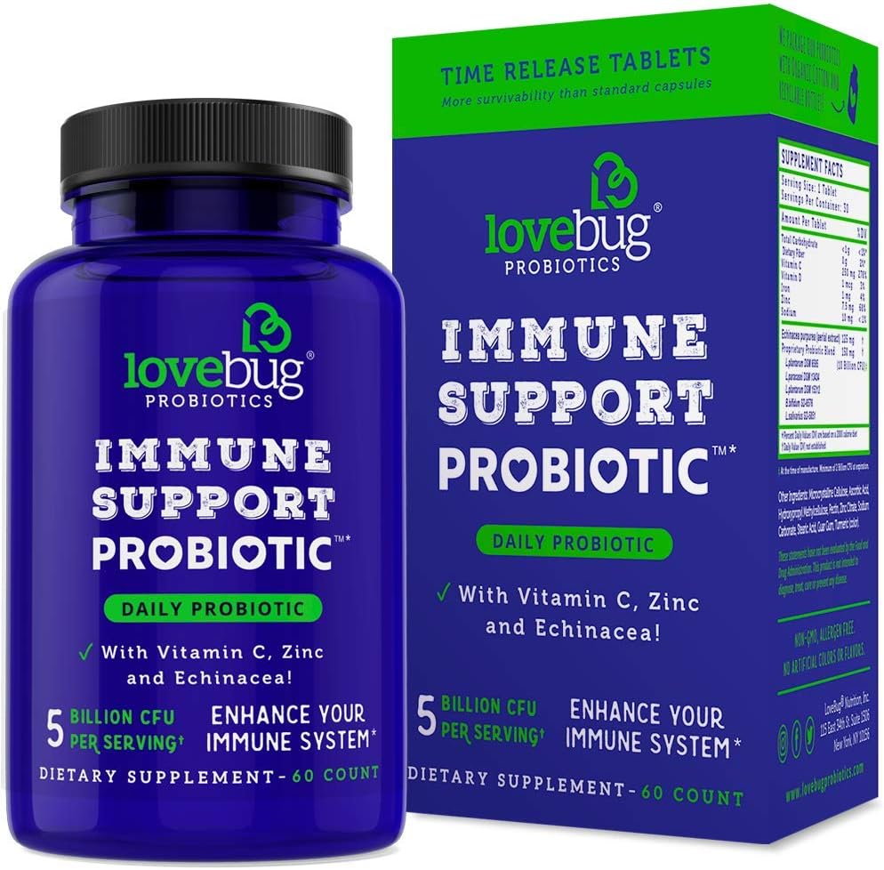 Lovebug PROBIOTICS immunforsvar Daglig Probiotisk for mænd og kvinder, 40 Millioner CFU & 6 Strops, Inkluderer C-vitamin, Zink & Echinacea, 30 Kapsler, Vegan & Non- GMO