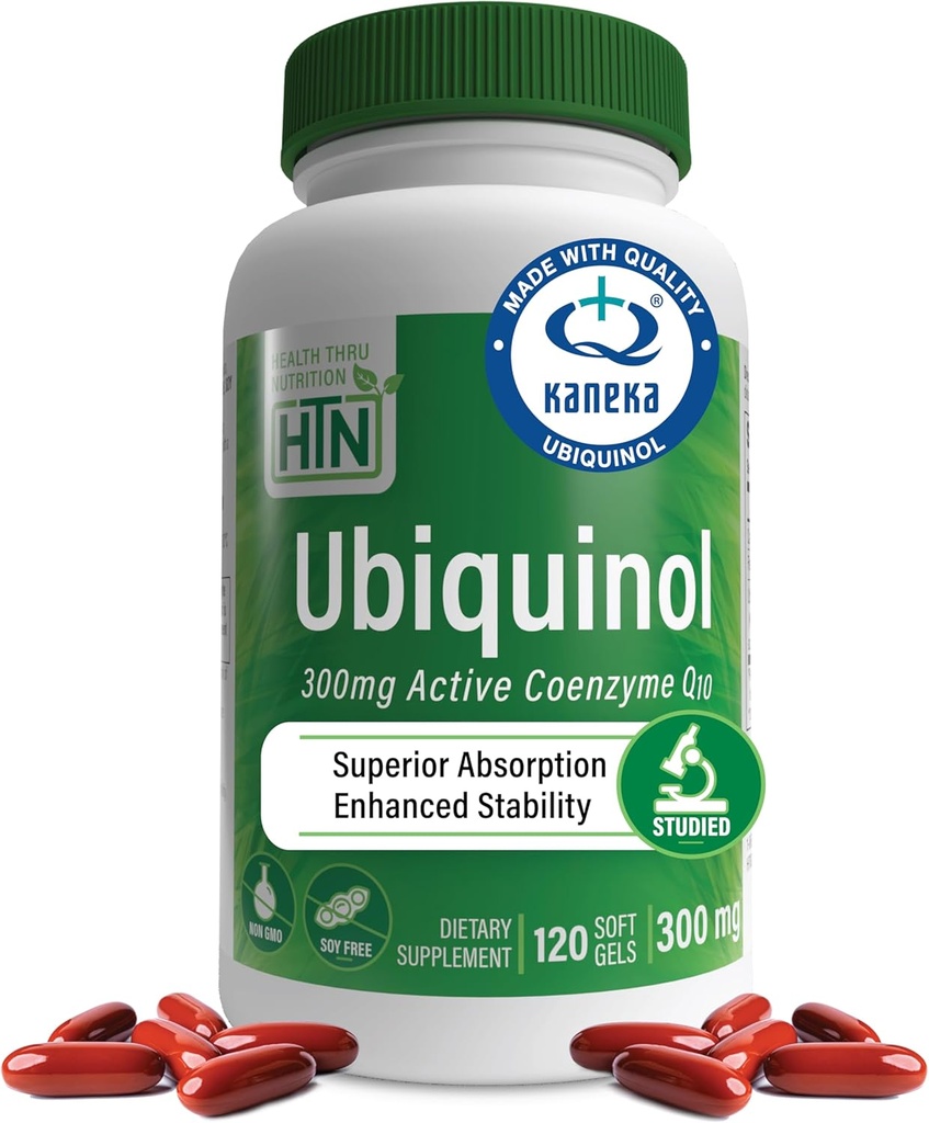Health Thru Nutrition Ubiquinol 300mg 120 Softgels as Kaneka QH Reduceret CoQ- 10- 124; Stabiliseret - 3. part Testet med 124; Forbedret biotilgængelighed af 124; Cardiovaskulær & Mitochondria Function Support 124; Non- GMO
