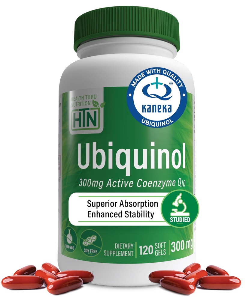 Health Thru Nutrition Ubiquinol 300mg 120 Softgels as Kaneka QH Reduceret CoQ- 10- 124; Stabiliseret - 3. part Testet med 124; Forbedret biotilgængelighed af 124; Cardiovaskulær & Mitochondria Function Support 124; Non- GMO