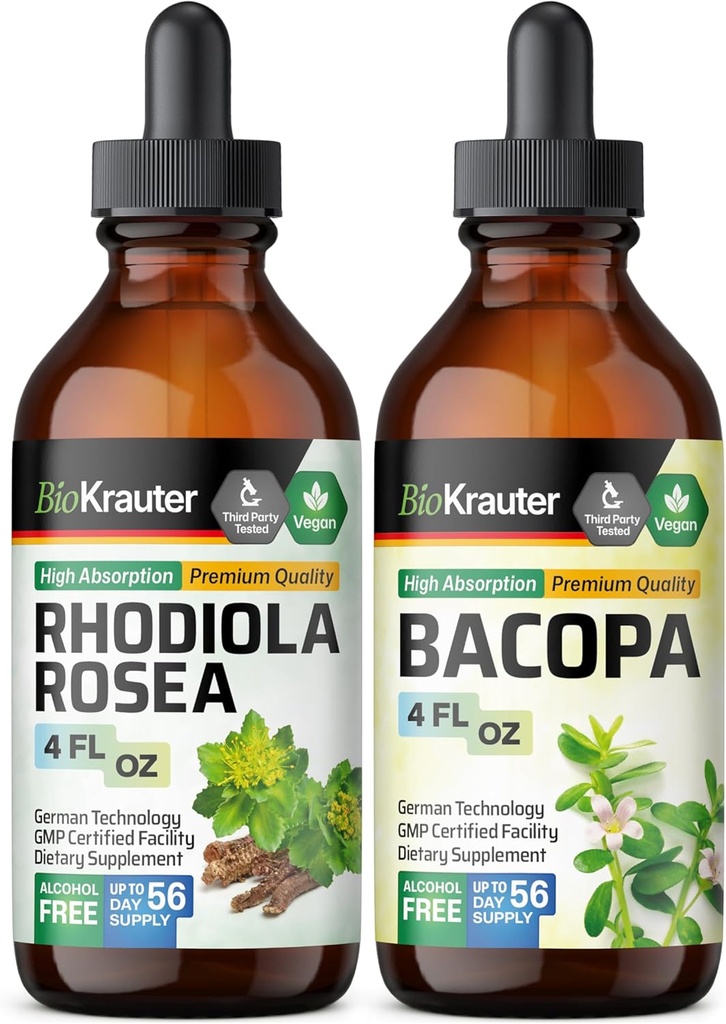 BIO KRAUTER Rhodiola Rosea Tinktur 4 Fl. Oz. & Bacopa Tinktur 4 Fl. Oz.