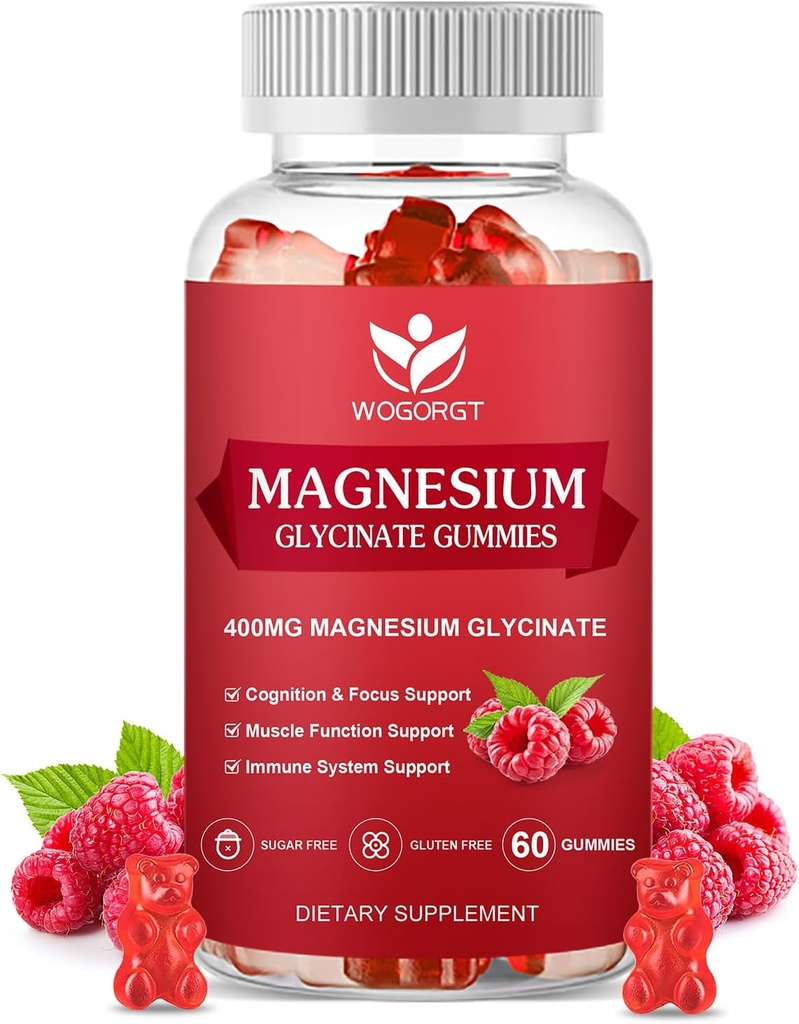 400mg Magnesium Glycinate Gummies med 200 mg Magnesium Malat, D-vitamin, B6 og CoQ10, Magnesium Glycinate Supplement for afslapning og kognition, Sukker fri, Raspberry Flavor - 60 Gummies