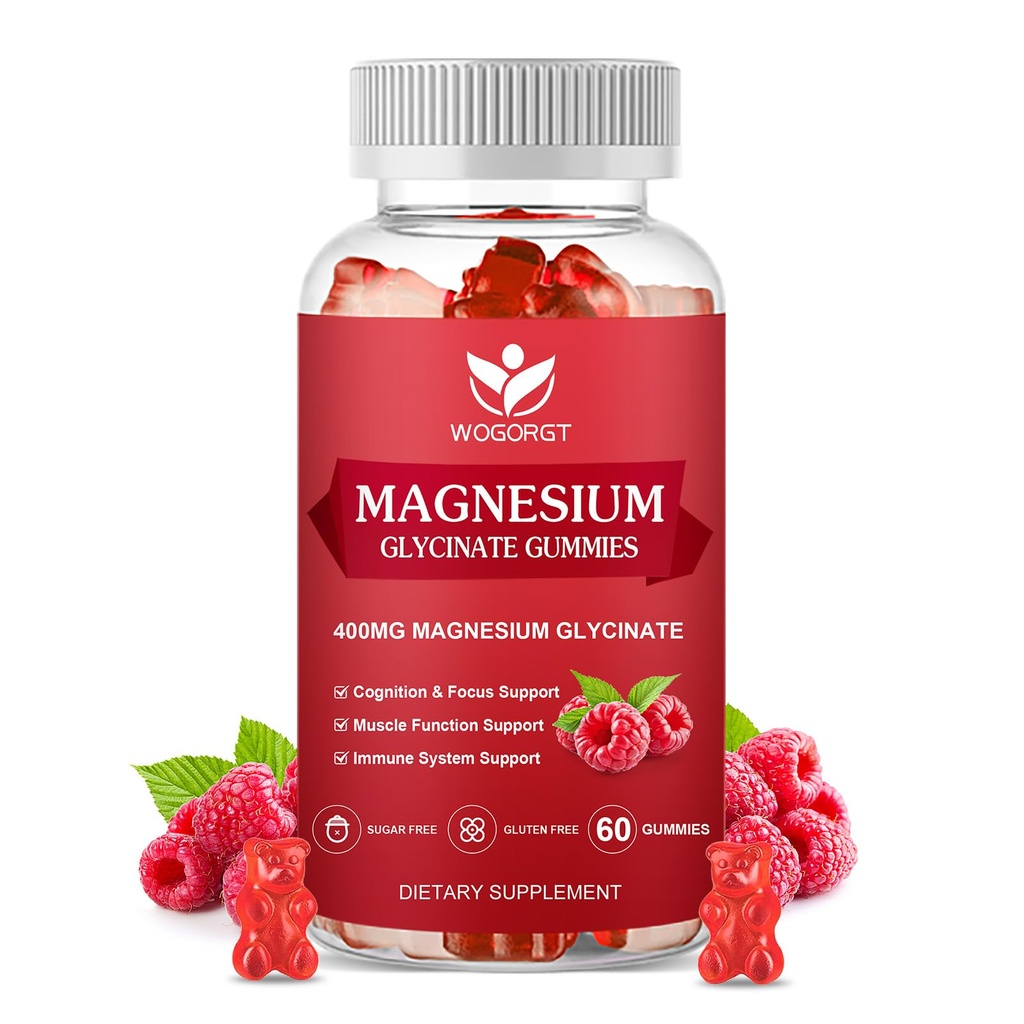 400mg Magnesium Glycinate Gummies med 200 mg Magnesium Malat, D-vitamin, B6 og CoQ10, Magnesium Glycinate Supplement for afslapning og kognition, Sukker fri, Raspberry Flavor - 60 Gummies