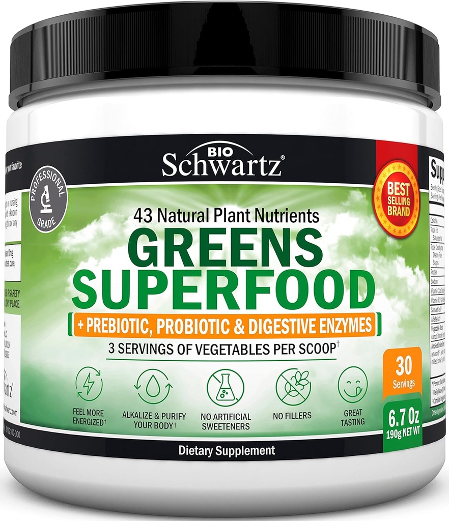 Super Green Powder Superfood - Green Powder med Probiotika Prebiotika Digitale enzymer og 43 Green Superfoods - Chlorophyll Bilberry Chlorella Spirulina Grass - Tastes Amazing - 30 Servere