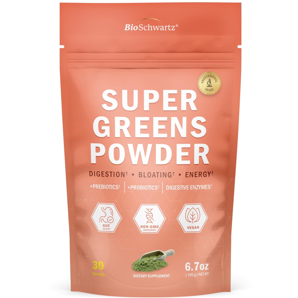 Super Green Powder Superfood - Green Powder med Probiotika Prebiotika Digitale enzymer og 43 Green Superfoods - Chlorophyll Bilberry Chlorella Spirulina Grass - Tastes Amazing - 30 Servere