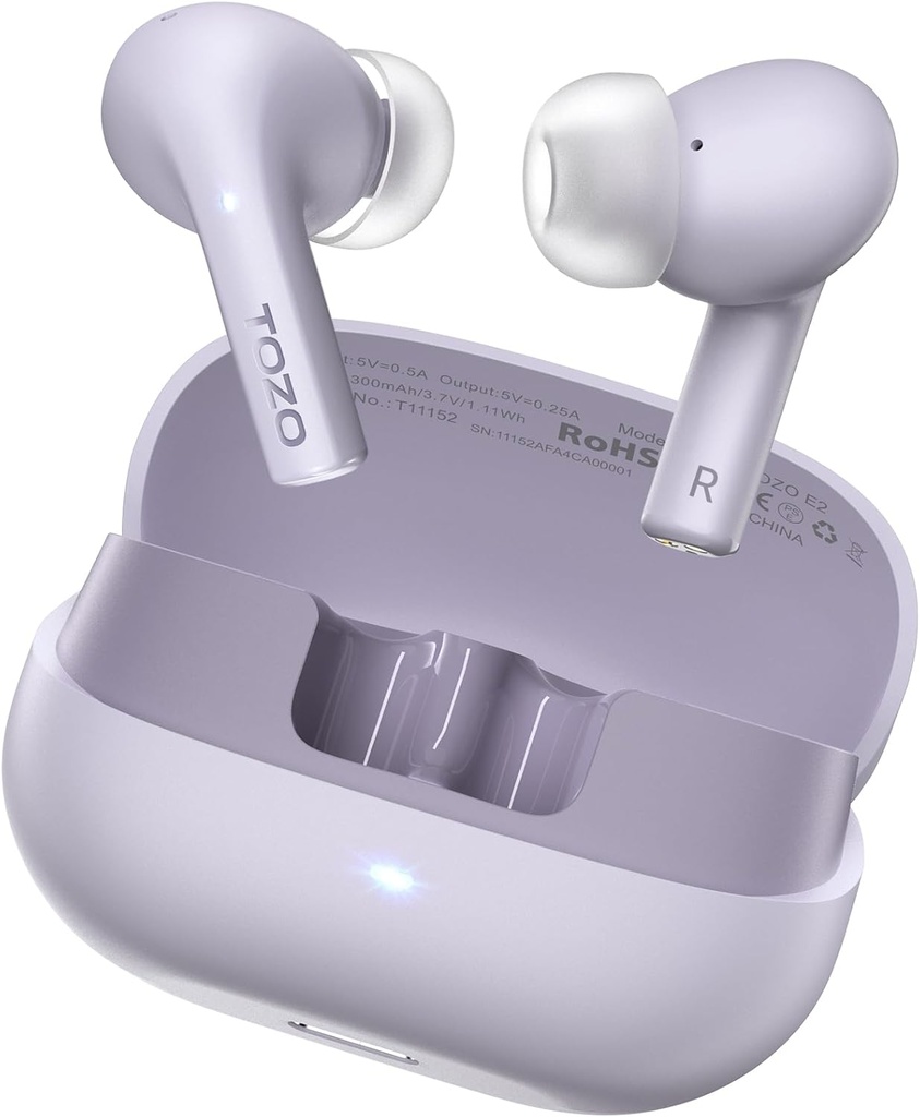 TOZO E2 Trådløse Earknopper med 2 MIC AI Call Støj Annullering, 10mm drivere med kraftfuld Bass, App Tilpas 32 EQs, 30H Playtime, Bluetooth 5.3 Øre Bud, Comfort Fit in- Øre hovedtelefoner