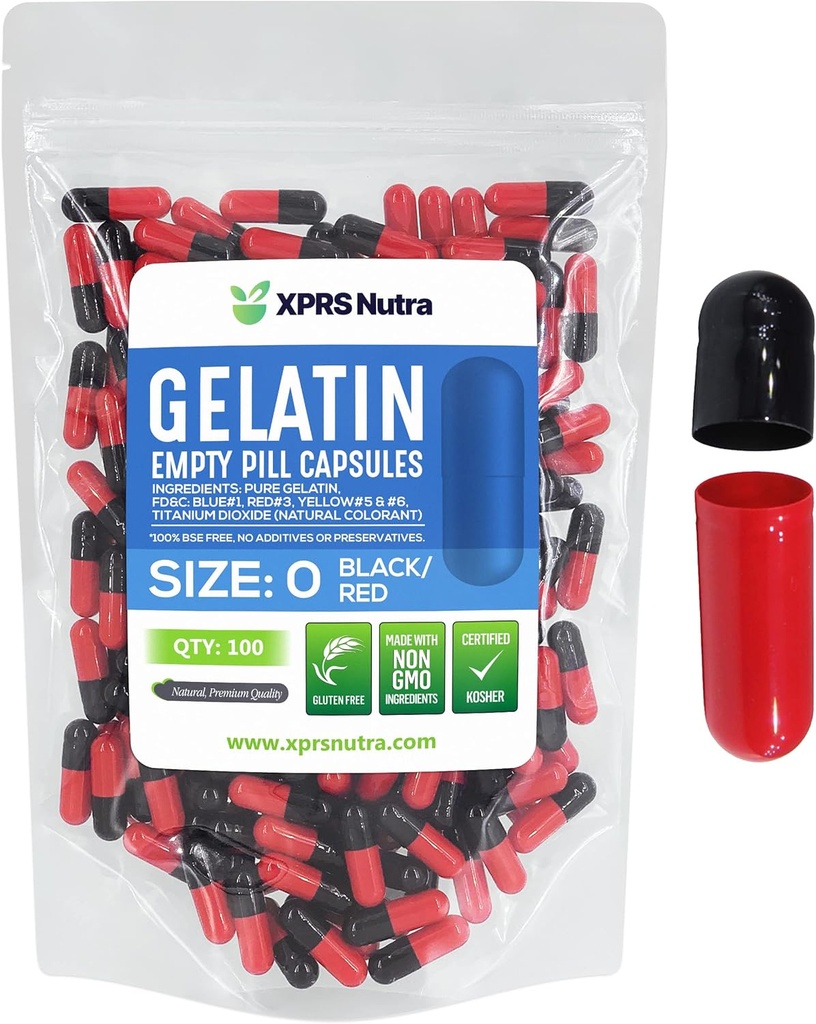 XPRS Nutra Størrelse 0 Tomme kapsler - 100 Tomme Gelatine kapsler - Piller gør det - Pure Bovin Pill Gel Caps til Do- It- Yourself Kosttilskud (sort / rød)