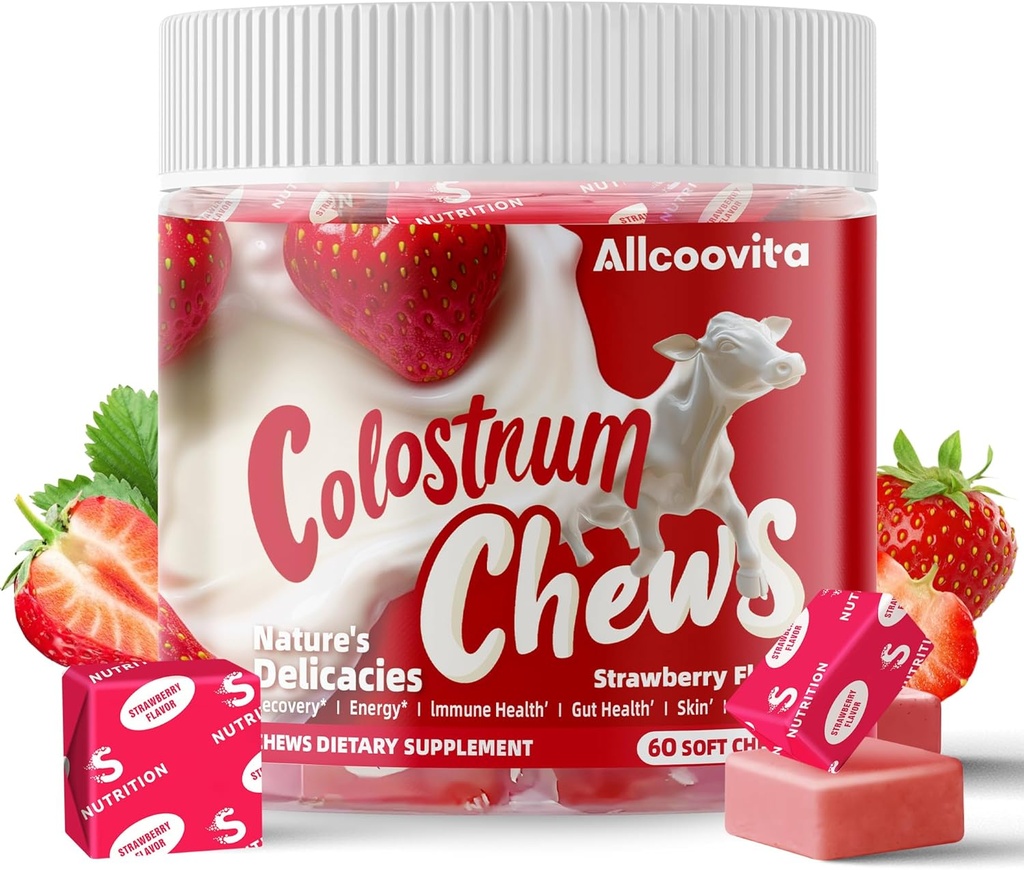 Bovine Colostrum Chews Supplement med probiotika til Gut Sundhed, Bloating, immunforsvar, hud, hårvækst og skønhed - Jordbær Flavor (60 Servering)
