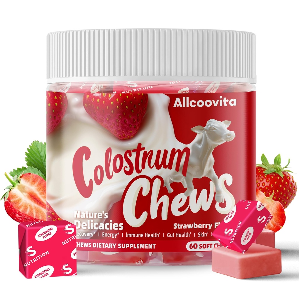Bovine Colostrum Chews Supplement med probiotika til Gut Sundhed, Bloating, immunforsvar, hud, hårvækst og skønhed - Jordbær Flavor (60 Servering)