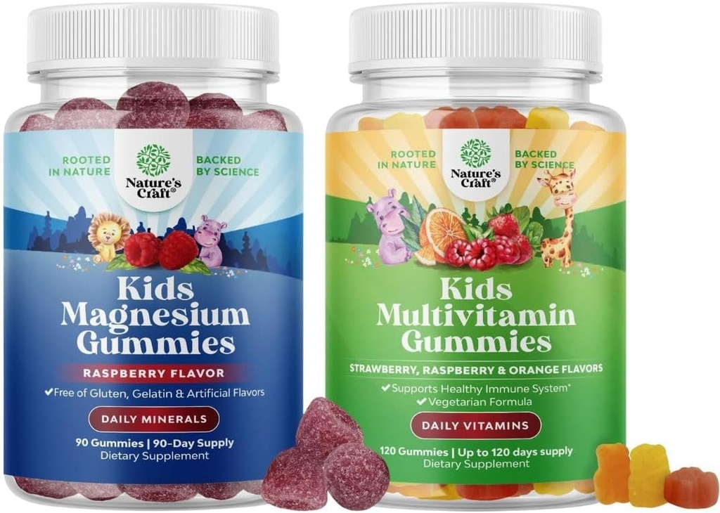 Bundle of Kids Magnesium Gummies - Supplement for nerve sundhed, Muscles & Sund Heart Support, og Plantebaserede Kids Multivitamin Gummies - Multivitamin for Immunitet Support med Vitaminer A C D3 E B