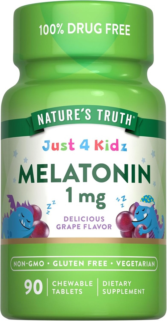 Nature's Truth Kids Melatonin Chewable Tablets | 1mg | Grape Flavor | Vegetarian, Non-GMO, & Gluten Free Supplement